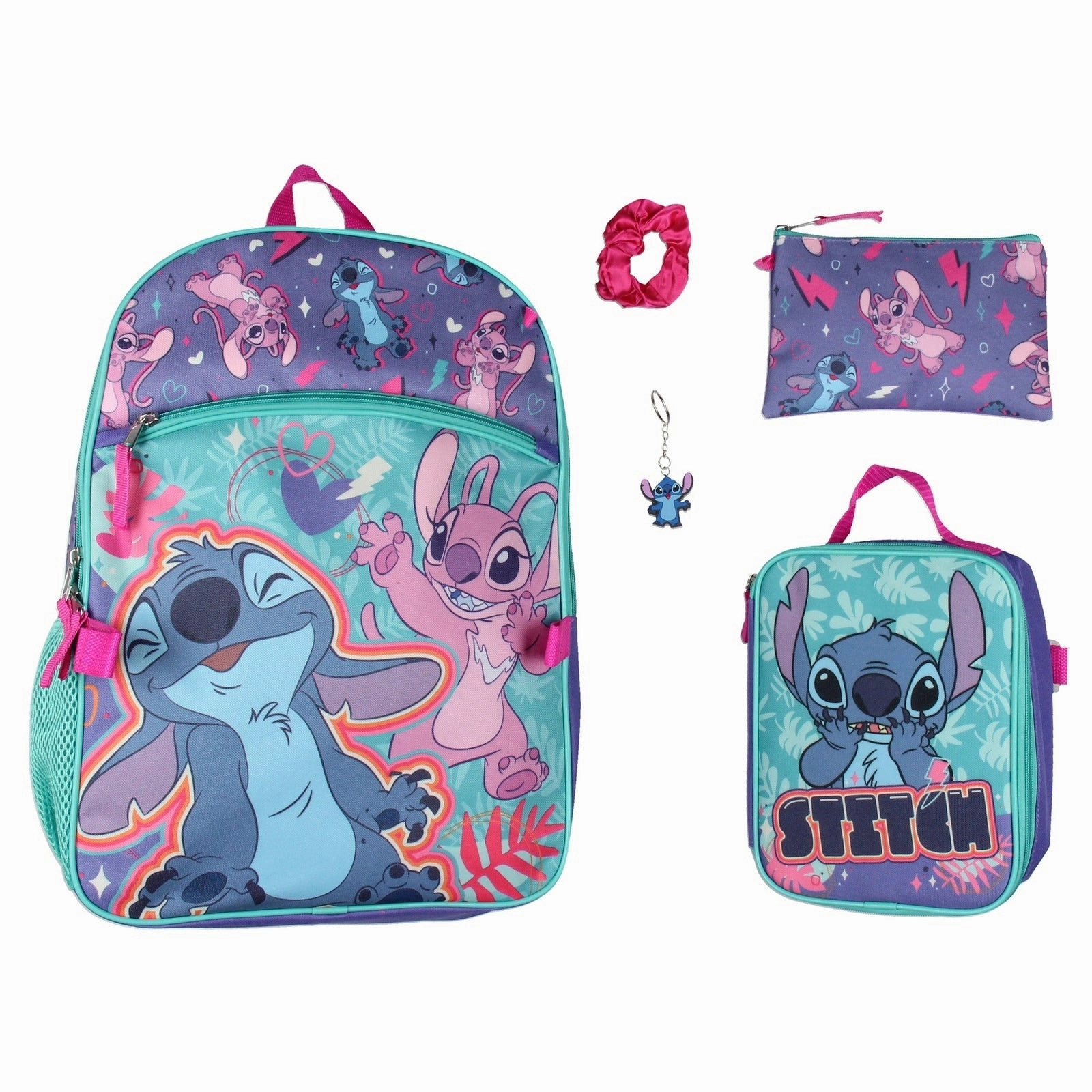 Disney Lilo and Stitch Angel 5 Pc Set Backpack Lunch Box Key Chain Pencil Case Scrunchie - One Size