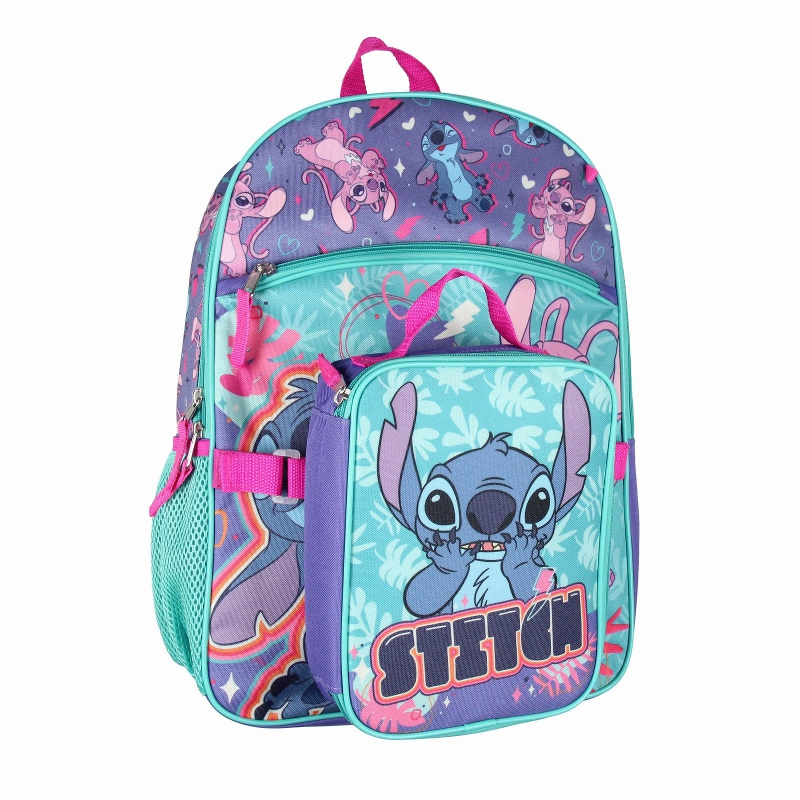Disney Lilo and Stitch Angel 5 Pc Set Backpack Lunch Box Key Chain Pencil Case Scrunchie - One Size