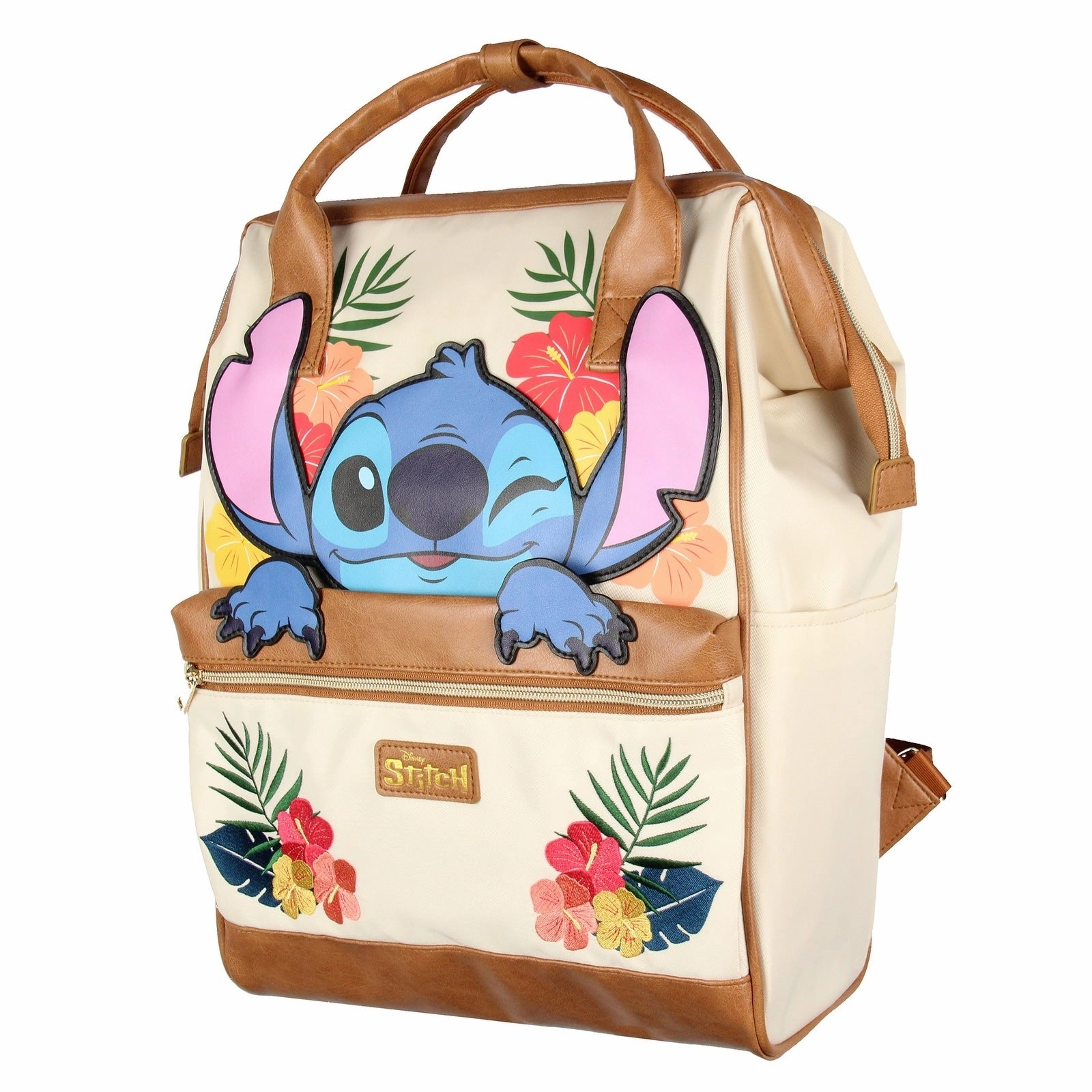 Disney Lilo And Stitch Backpack 3D Character Embroidered Floral Design Faux Leather Travel Tote Bag