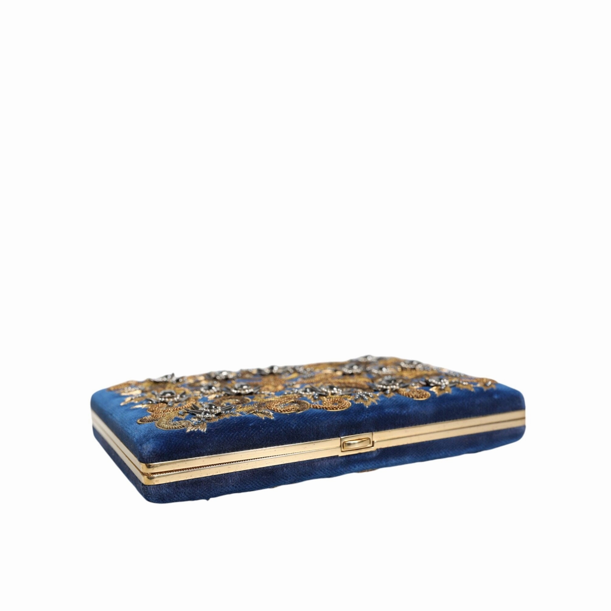 Dolce & Gabbana Blue Velvet Gold Frame Clutch Evening Party Purse Women's Bag