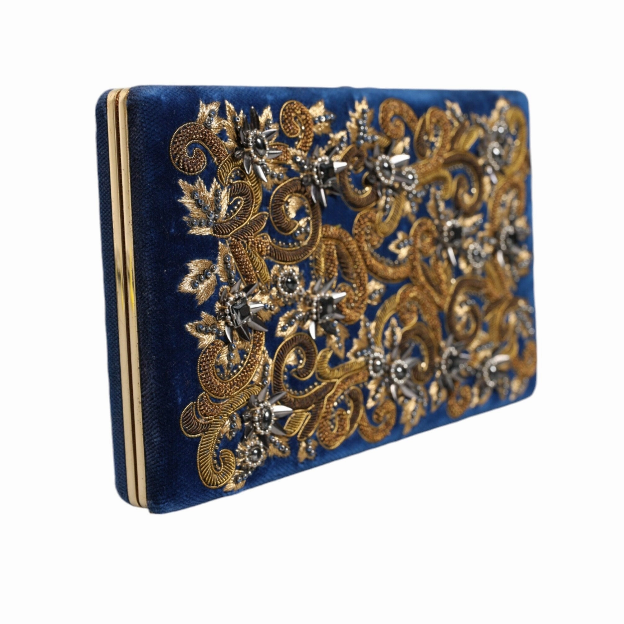 Dolce & Gabbana Blue Velvet Gold Frame Clutch Evening Party Purse Women's Bag