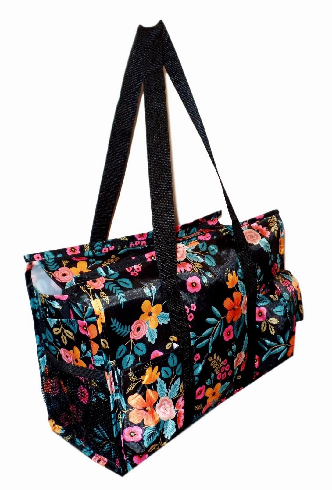 Fashion Print Zip Top Organizing Beach Bag Tote Diaper Bag Weekender - Can Be Personalized (Personalized Black Floral)
