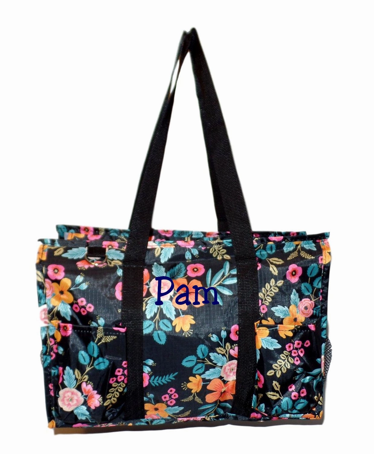 Fashion Print Zip Top Organizing Beach Bag Tote Diaper Bag Weekender - Can Be Personalized (Personalized Black Floral)