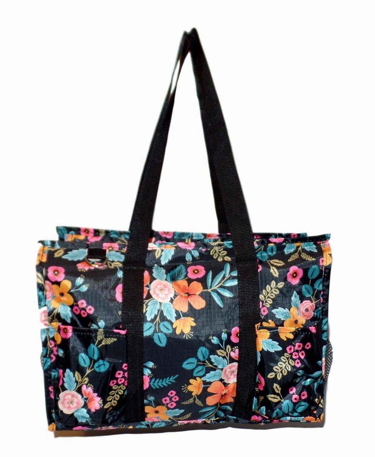 Fashion Print Zip Top Organizing Beach Bag Tote Diaper Bag Weekender - Can Be Personalized (Personalized Black Floral)