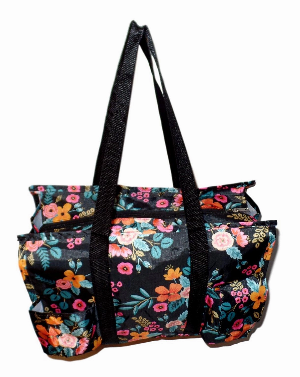 Fashion Print Zip Top Organizing Beach Bag Tote Diaper Bag Weekender - Can Be Personalized (Personalized Black Floral)