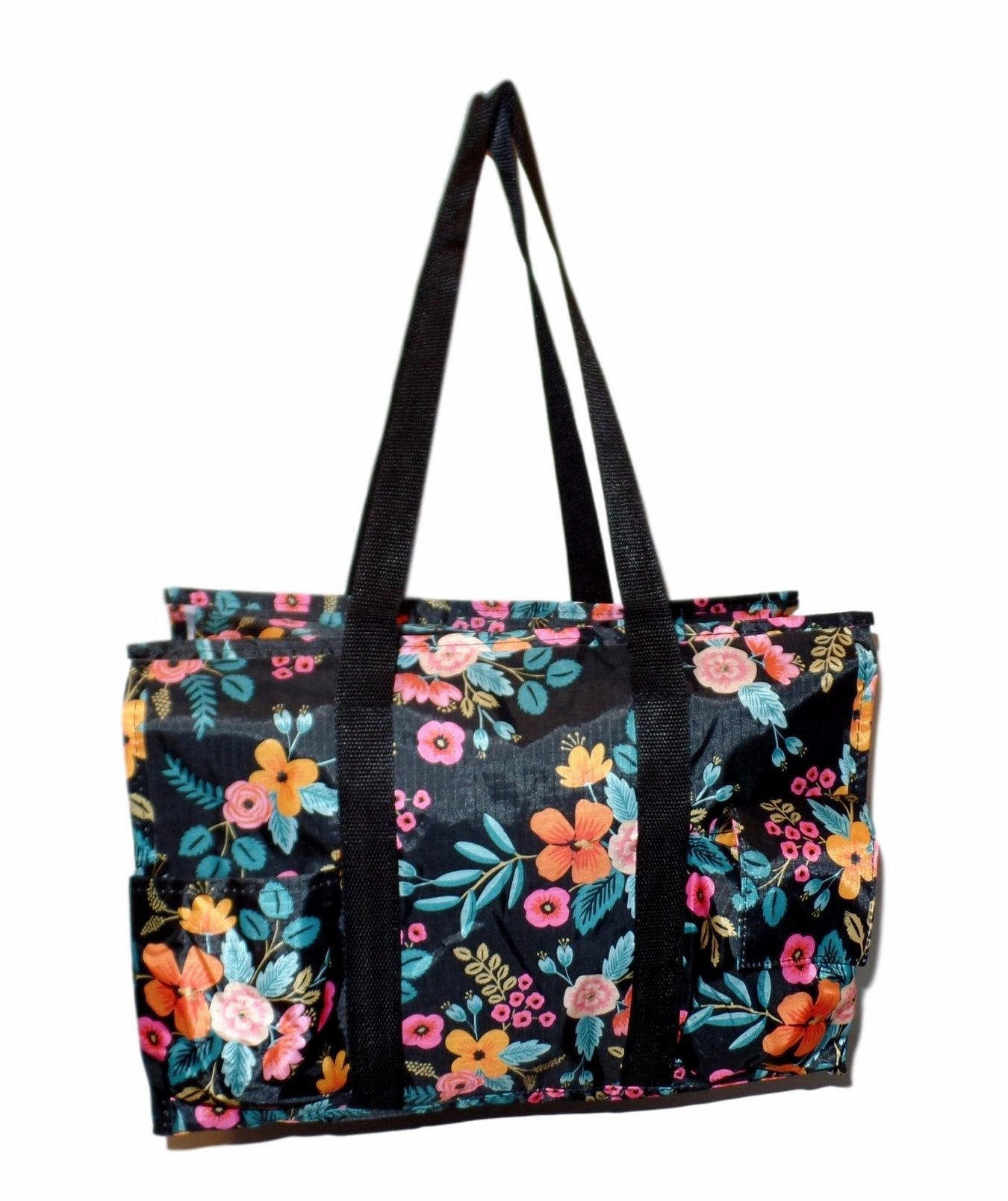 Fashion Print Zip Top Organizing Beach Bag Tote Diaper Bag Weekender - Can Be Personalized (Personalized Black Floral)