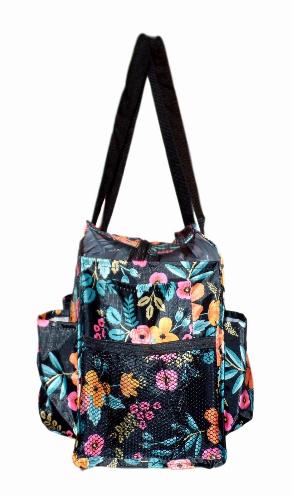 Fashion Print Zip Top Organizing Beach Bag Tote Diaper Bag Weekender - Can Be Personalized (Personalized Black Floral)