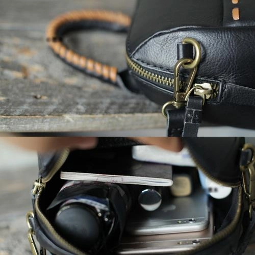 Fashion Small Womens Black Leather Bucket Shoulder Bag With Zipper Handbag CrossBody Bucket Bag
