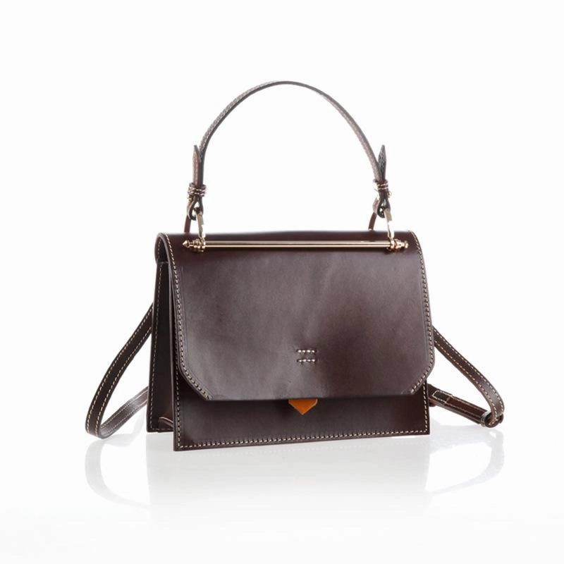 Fashion Womens Coffee Leather Flap Over Handbag Purse Handmade Square Crossbody Bag Shoulder Bag Purse