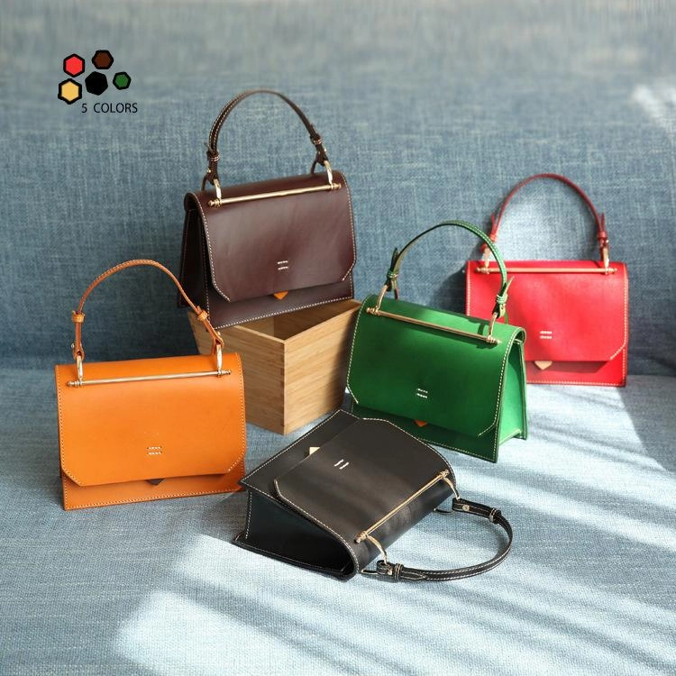 Fashion Womens Coffee Leather Flap Over Handbag Purse Handmade Square Crossbody Bag Shoulder Bag Purse