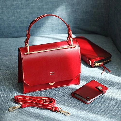 Fashion Womens Coffee Leather Flap Over Handbag Purse Handmade Square Crossbody Bag Shoulder Bag Purse