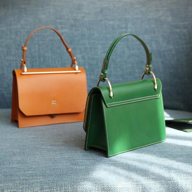 Fashion Womens Coffee Leather Flap Over Handbag Purse Handmade Square Crossbody Bag Shoulder Bag Purse