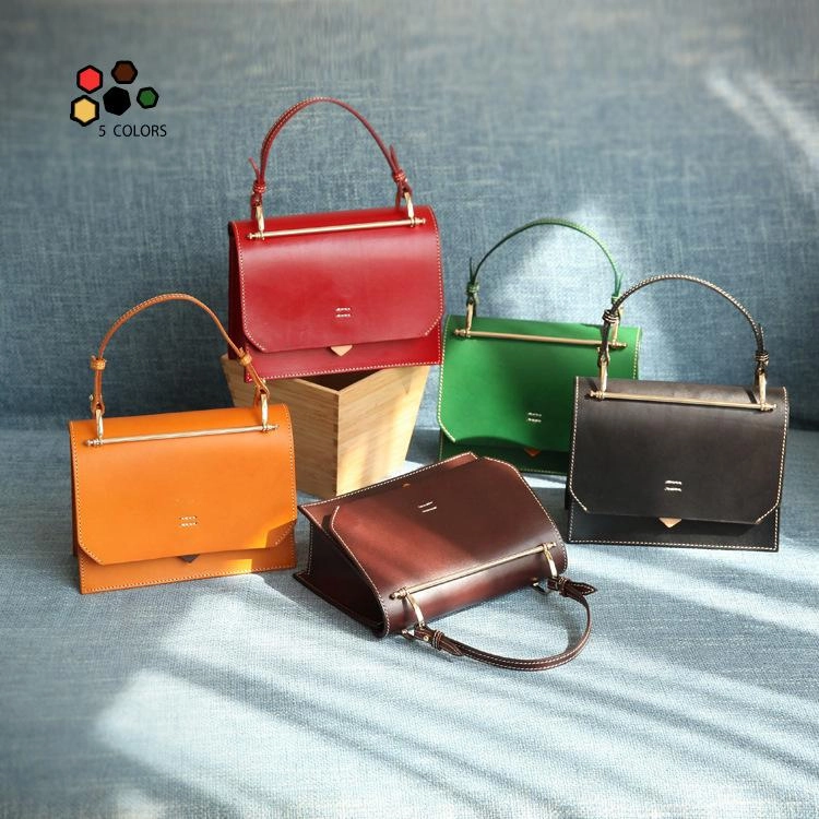 Fashion Womens Coffee Leather Flap Over Handbag Purse Handmade Square Crossbody Bag Shoulder Bag Purse