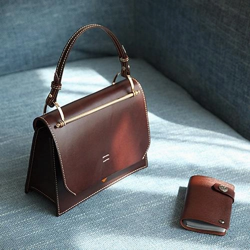 Fashion Womens Coffee Leather Flap Over Handbag Purse Handmade Square Crossbody Bag Shoulder Bag Purse