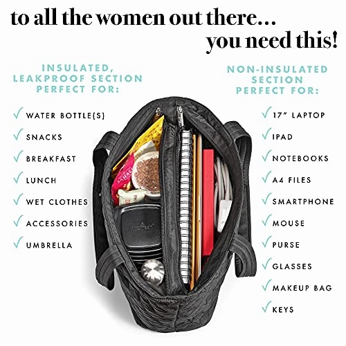 Fit & Fresh Metro-Tote 2 in 1 Quilted 15" Laptop Bag with Insulated Lunch Compartment, Black