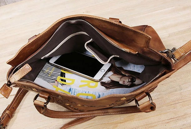 Genuine Handmade Bag Vintage Rivet Leather Handbag Shoulder Bag Crossbody Bag Women Leather Purse
