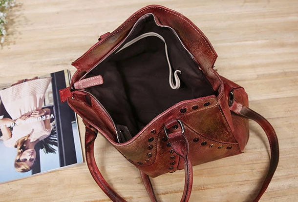 Genuine Handmade Bag Vintage Rivet Leather Handbag Shoulder Bag Crossbody Bag Women Leather Purse