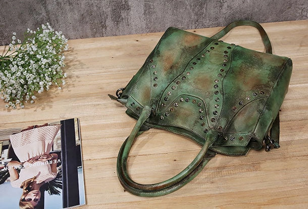 Genuine Handmade Bag Vintage Rivet Leather Handbag Shoulder Bag Crossbody Bag Women Leather Purse