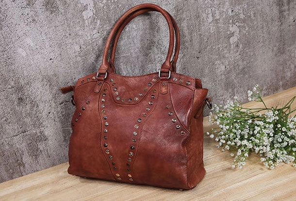 Genuine Handmade Bag Vintage Rivet Leather Handbag Shoulder Bag Crossbody Bag Women Leather Purse