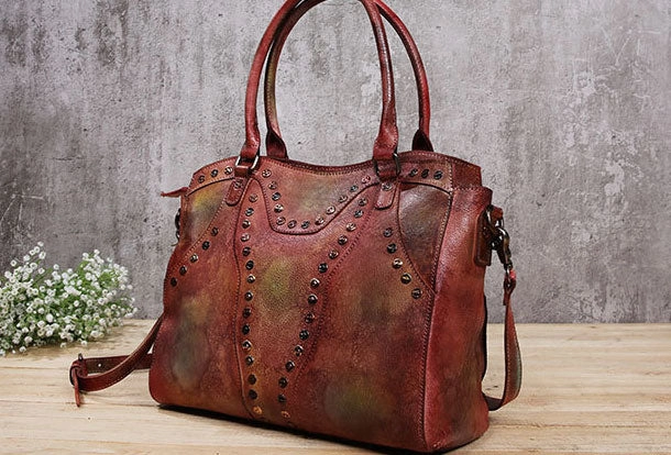 Genuine Handmade Bag Vintage Rivet Leather Handbag Shoulder Bag Crossbody Bag Women Leather Purse