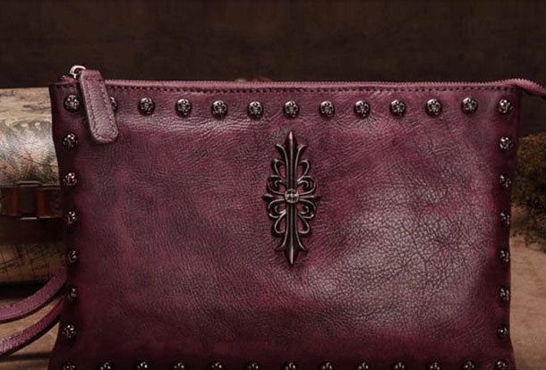 Genuine Leather Rivet Handbag Clutch Vintage Crossbody Bag Shoulder Bag Purse For Women