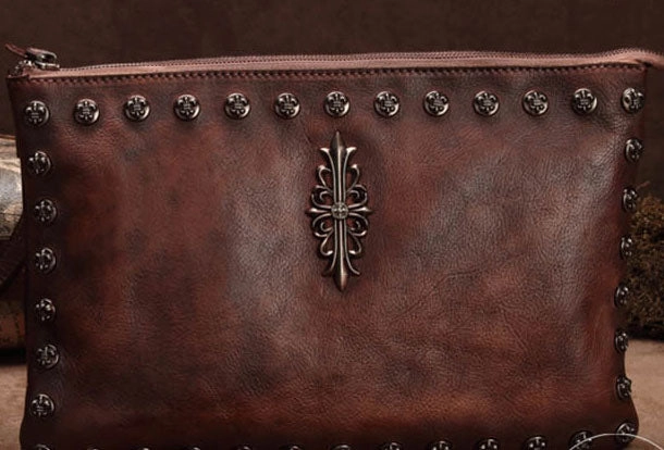 Genuine Leather Rivet Handbag Clutch Vintage Crossbody Bag Shoulder Bag Purse For Women