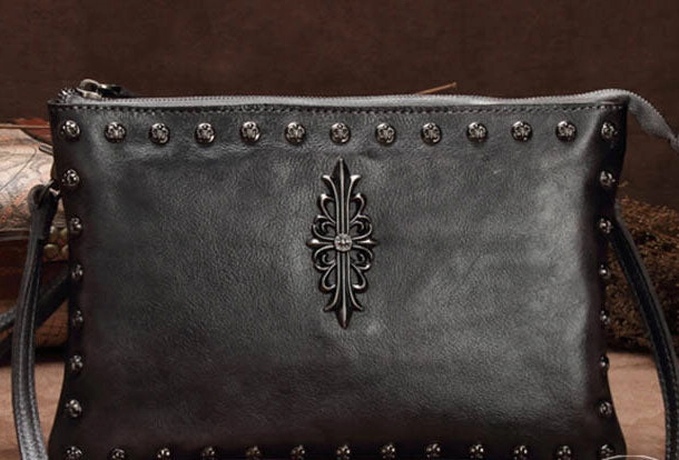 Genuine Leather Rivet Handbag Clutch Vintage Crossbody Bag Shoulder Bag Purse For Women