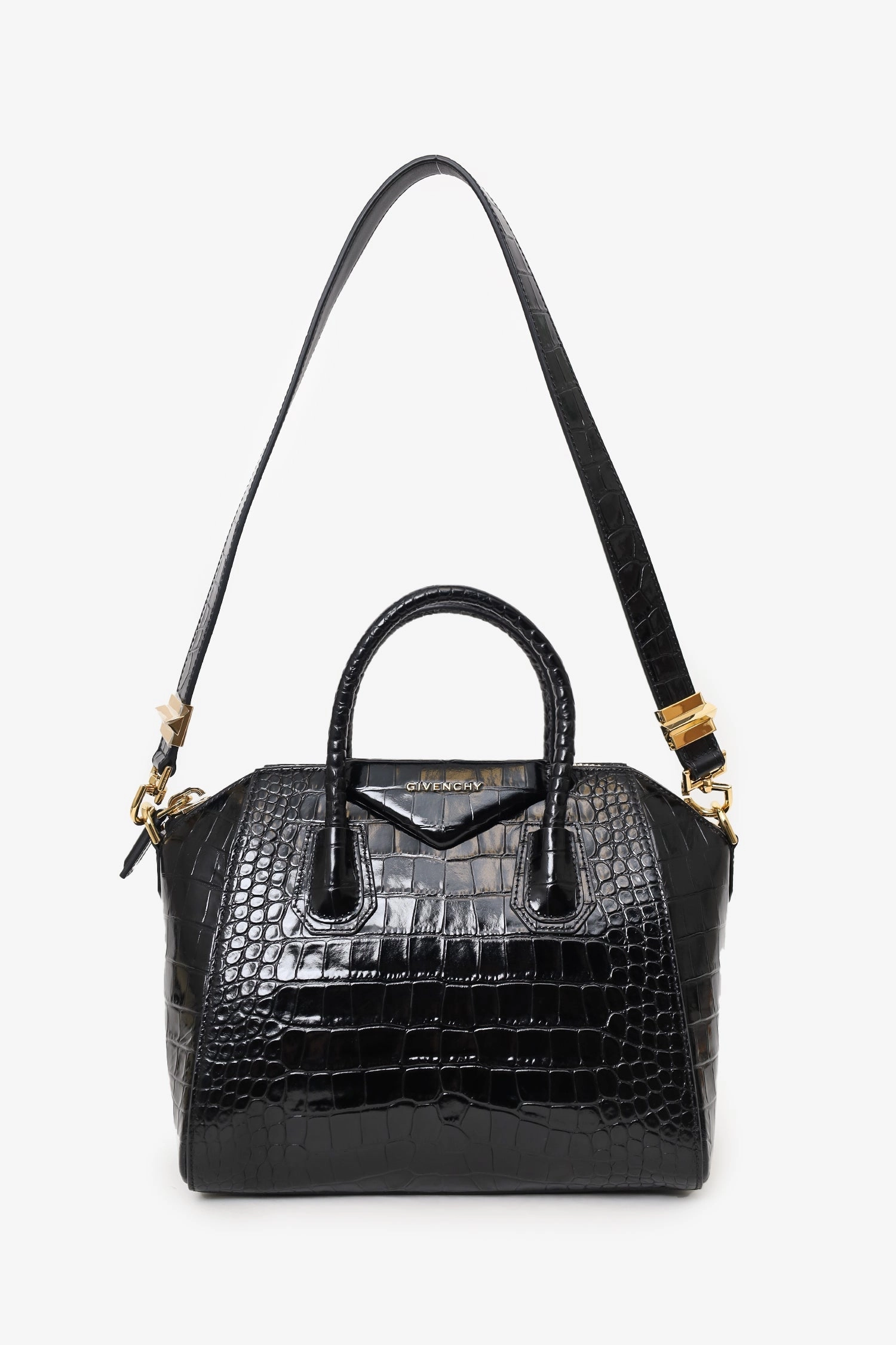 Givenchy Black Croc Embossed Small Antigona Top Handle with Strap