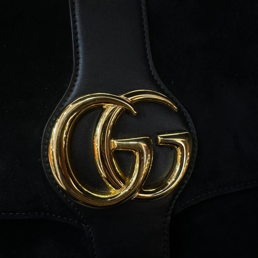 Gucci Arli Black Gold Suede Leather Medium Crossbody Bag