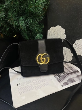 Gucci Arli Black Gold Suede Leather Medium Crossbody Bag