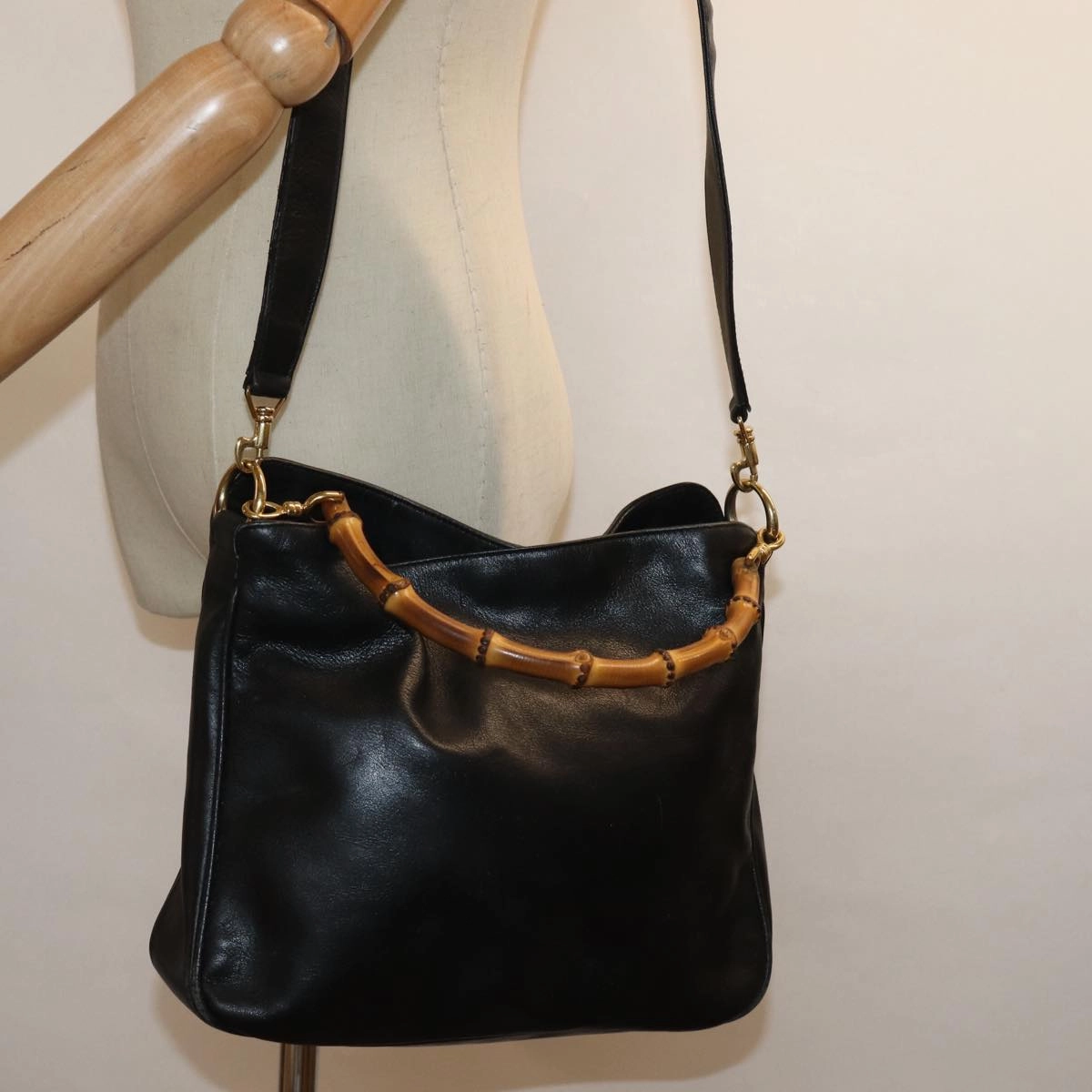 GUCCI Bamboo Shoulder Bag Leather 2way Black 001 1638  80839