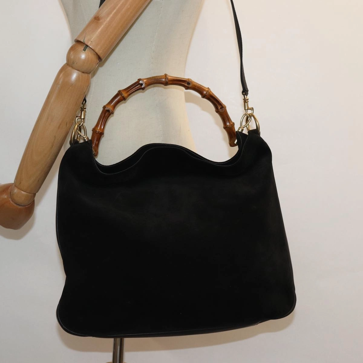 GUCCI Bamboo Shoulder Bag Suede 2way Black 001 0166 1577  fm3656