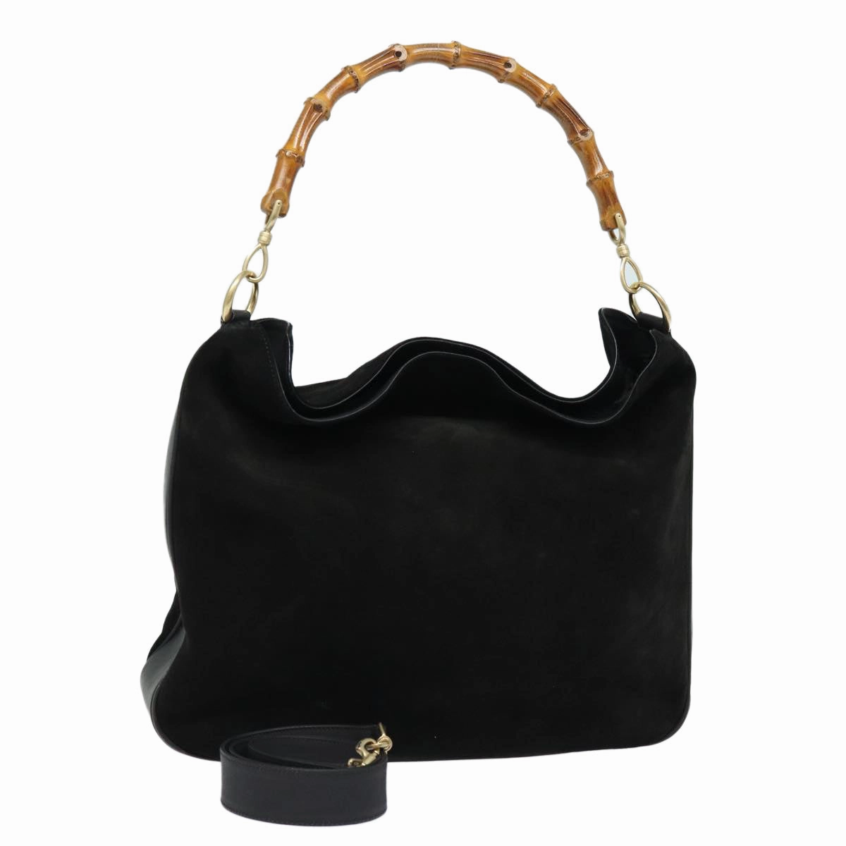 GUCCI Bamboo Shoulder Bag Suede 2way Black 001 0166 1577  fm3656