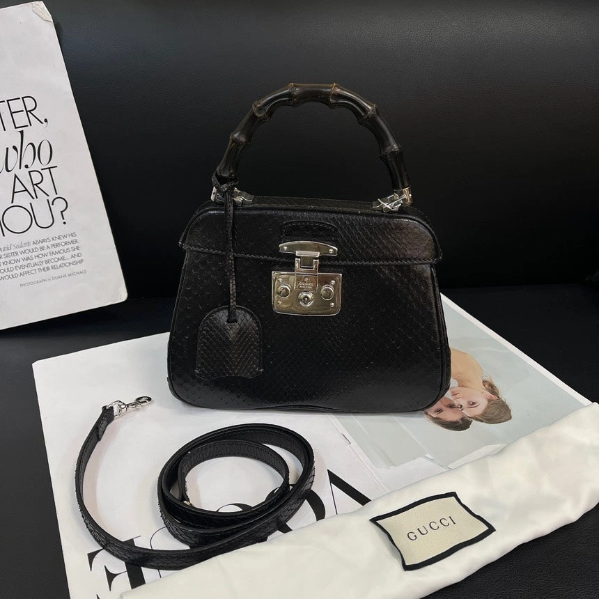 Gucci Bamboo Snakeskin Black Silver Crossbody Bag