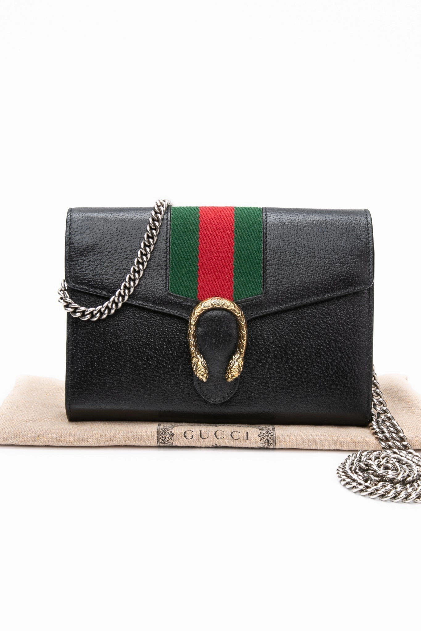 GUCCI Black Calfskin Web Mini Dionysus Chain Wallet Crossbody Bag