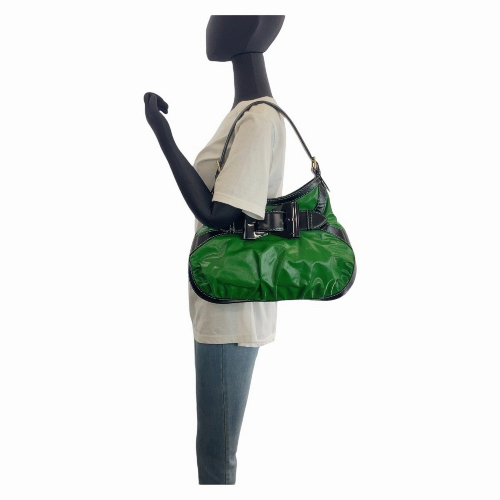 Gucci Black Green Nylon Leather Shoulder Bag ()