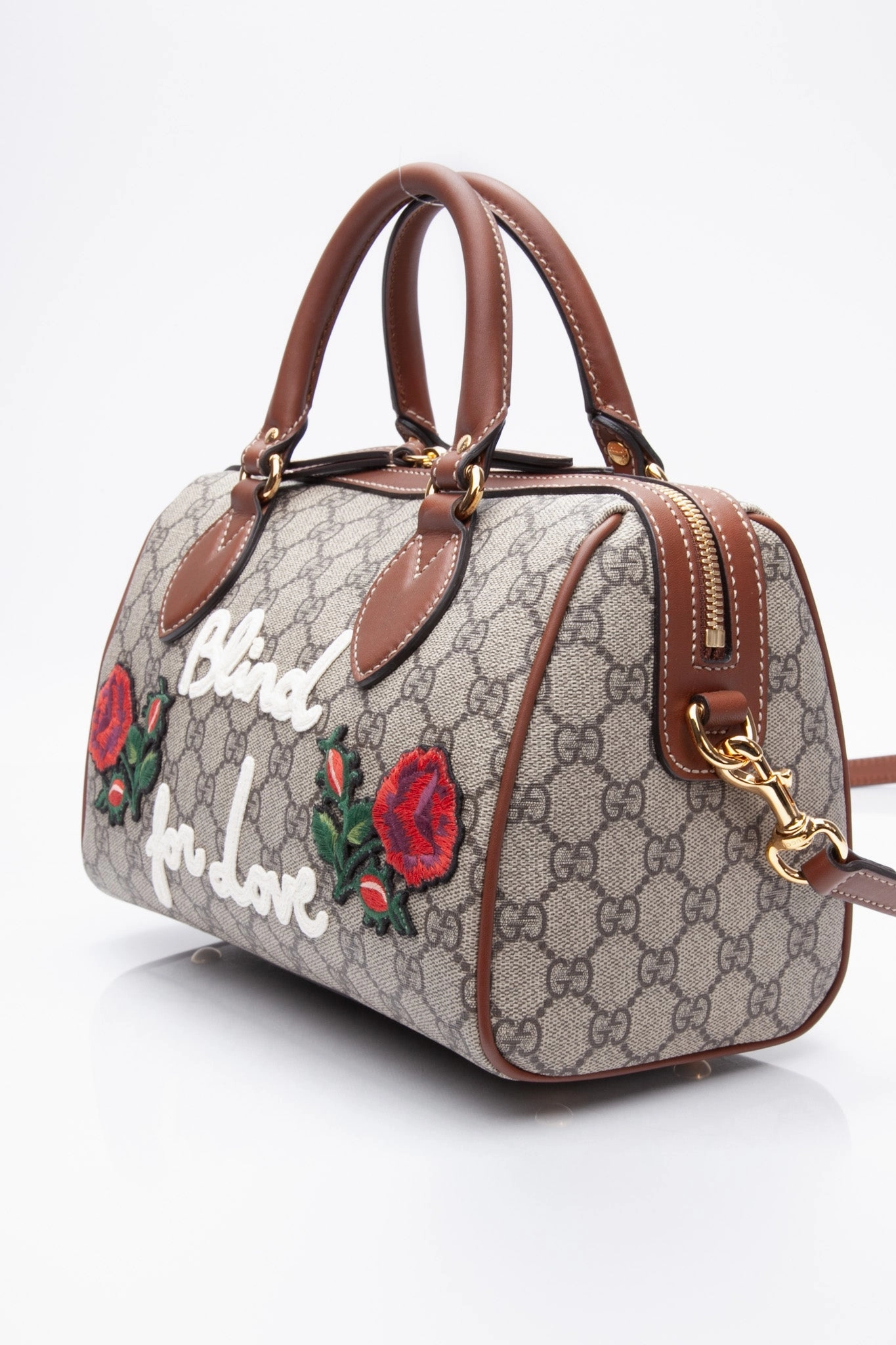 GUCCI Brown GG Canvas Boston Rose Embroidered Print Blind For Love Shoulder/Crossbody Bag