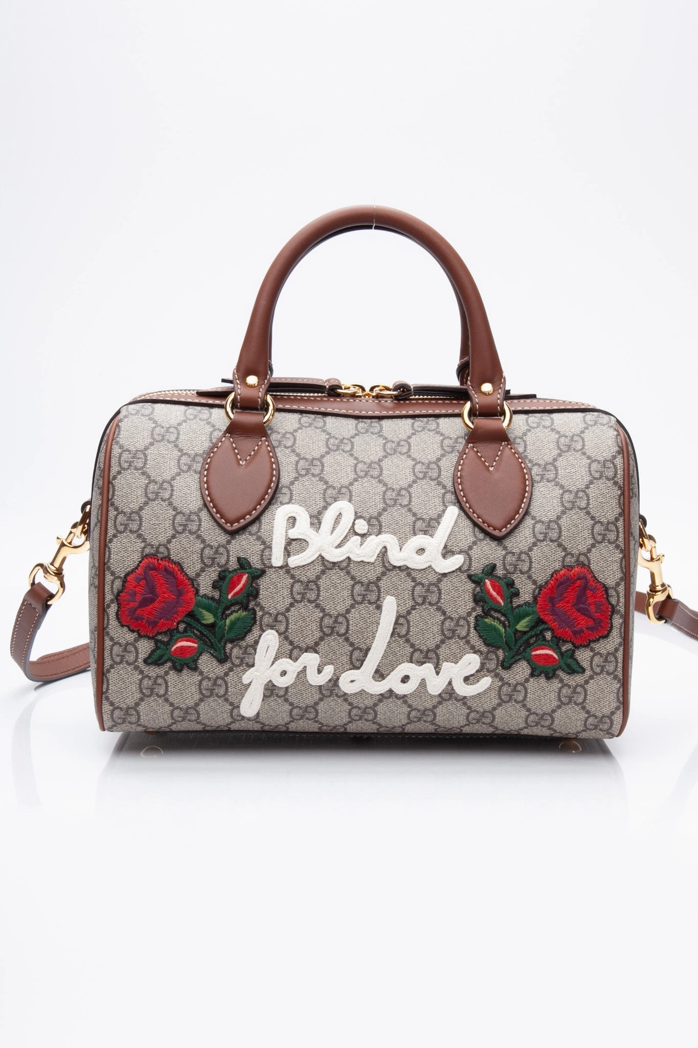 GUCCI Brown GG Canvas Boston Rose Embroidered Print Blind For Love Shoulder/Crossbody Bag