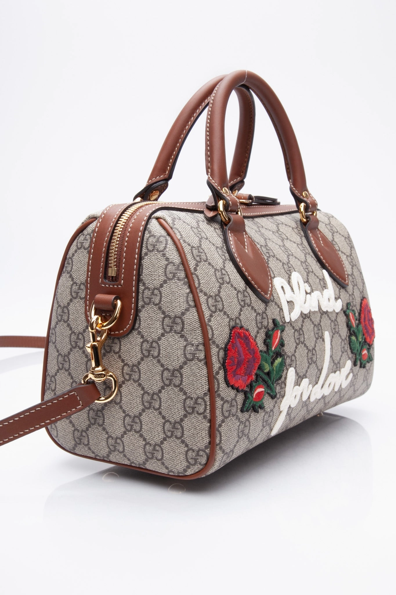 GUCCI Brown GG Canvas Boston Rose Embroidered Print Blind For Love Shoulder/Crossbody Bag