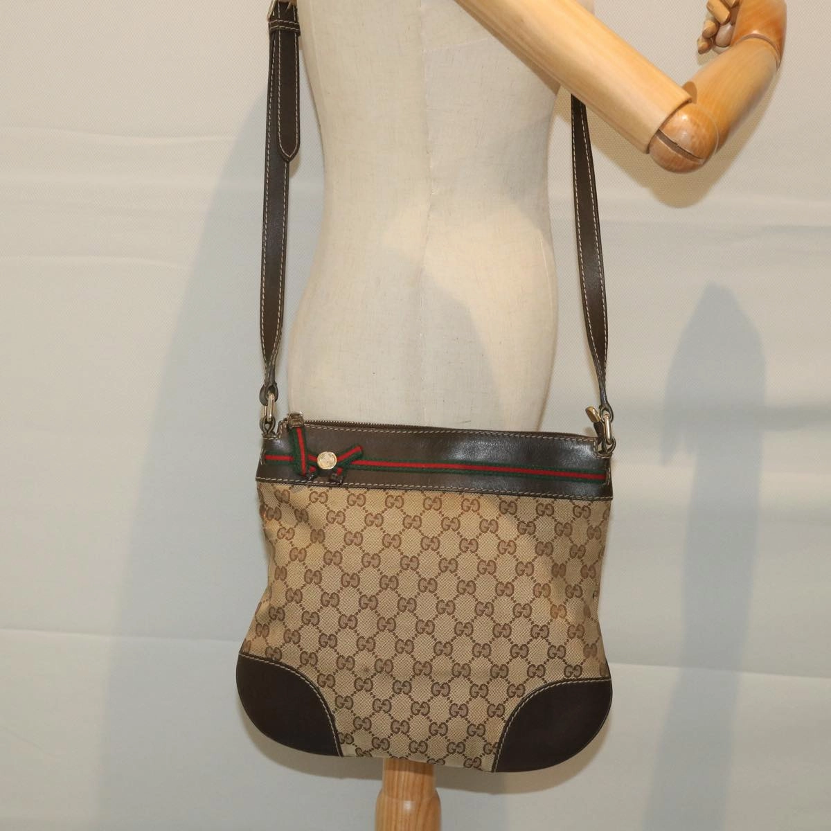 GUCCI GG Canvas Web Sherry Line Shoulder Bag Beige Red Green 257065  58041