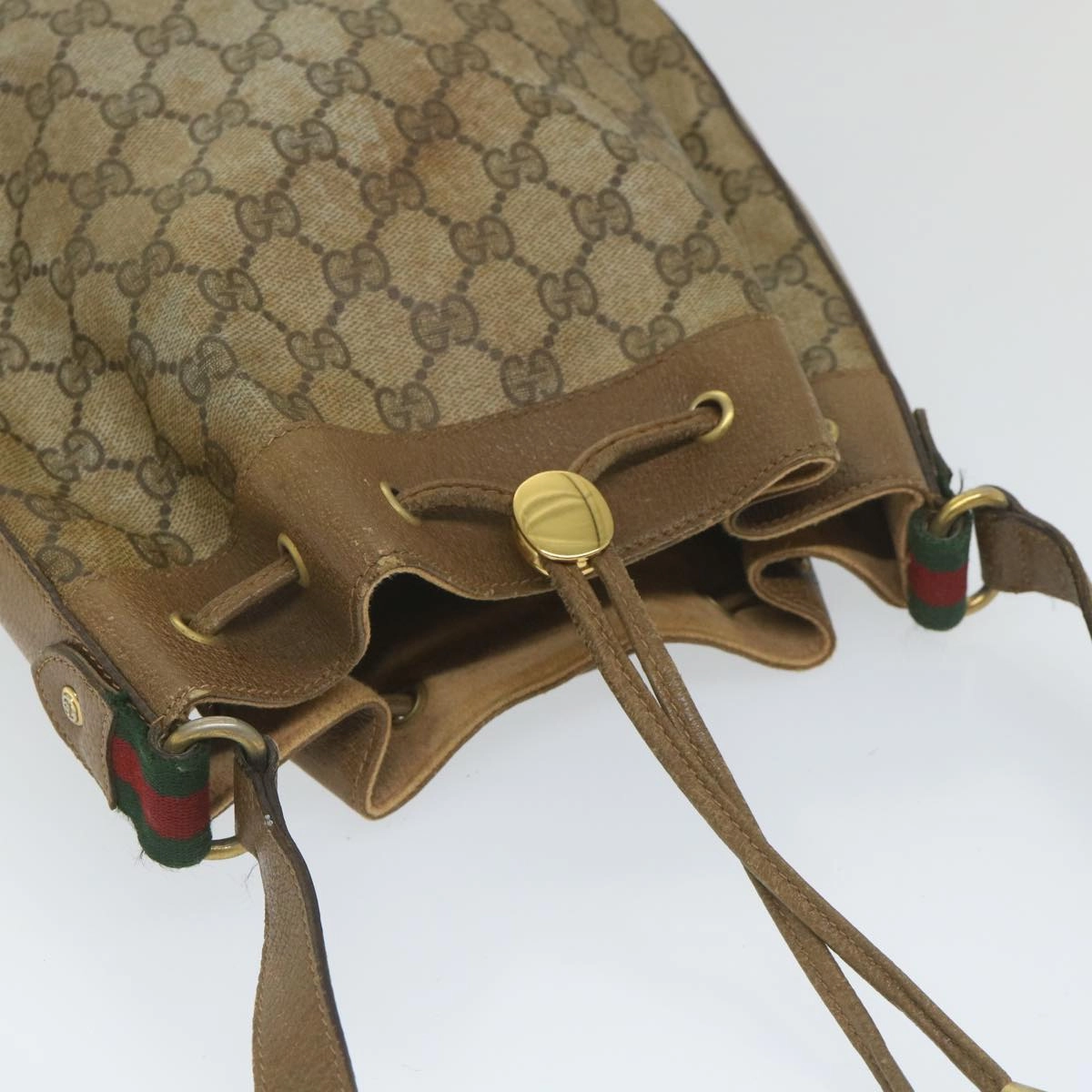 GUCCI GG Canvas Web Sherry Line Shoulder Bag PVC Leather Beige Green  56288