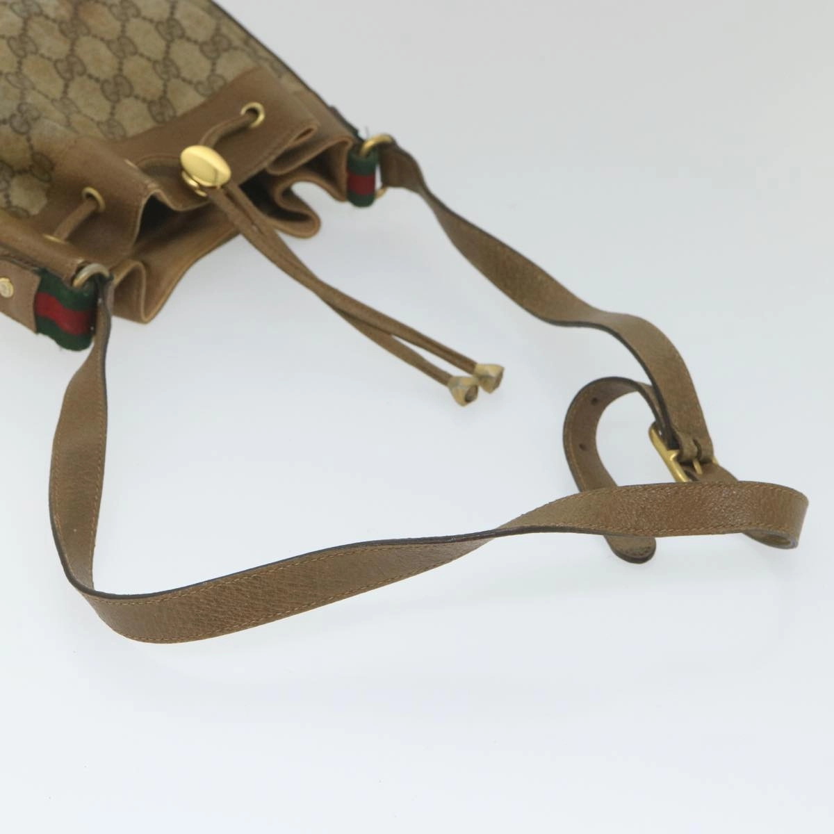 GUCCI GG Canvas Web Sherry Line Shoulder Bag PVC Leather Beige Green  56288