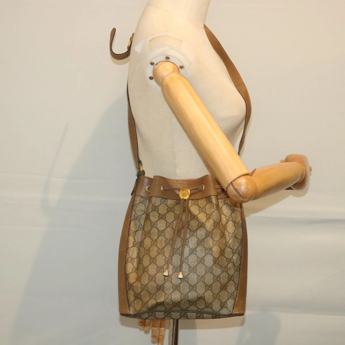 GUCCI GG Canvas Web Sherry Line Shoulder Bag PVC Leather Beige Green  56288