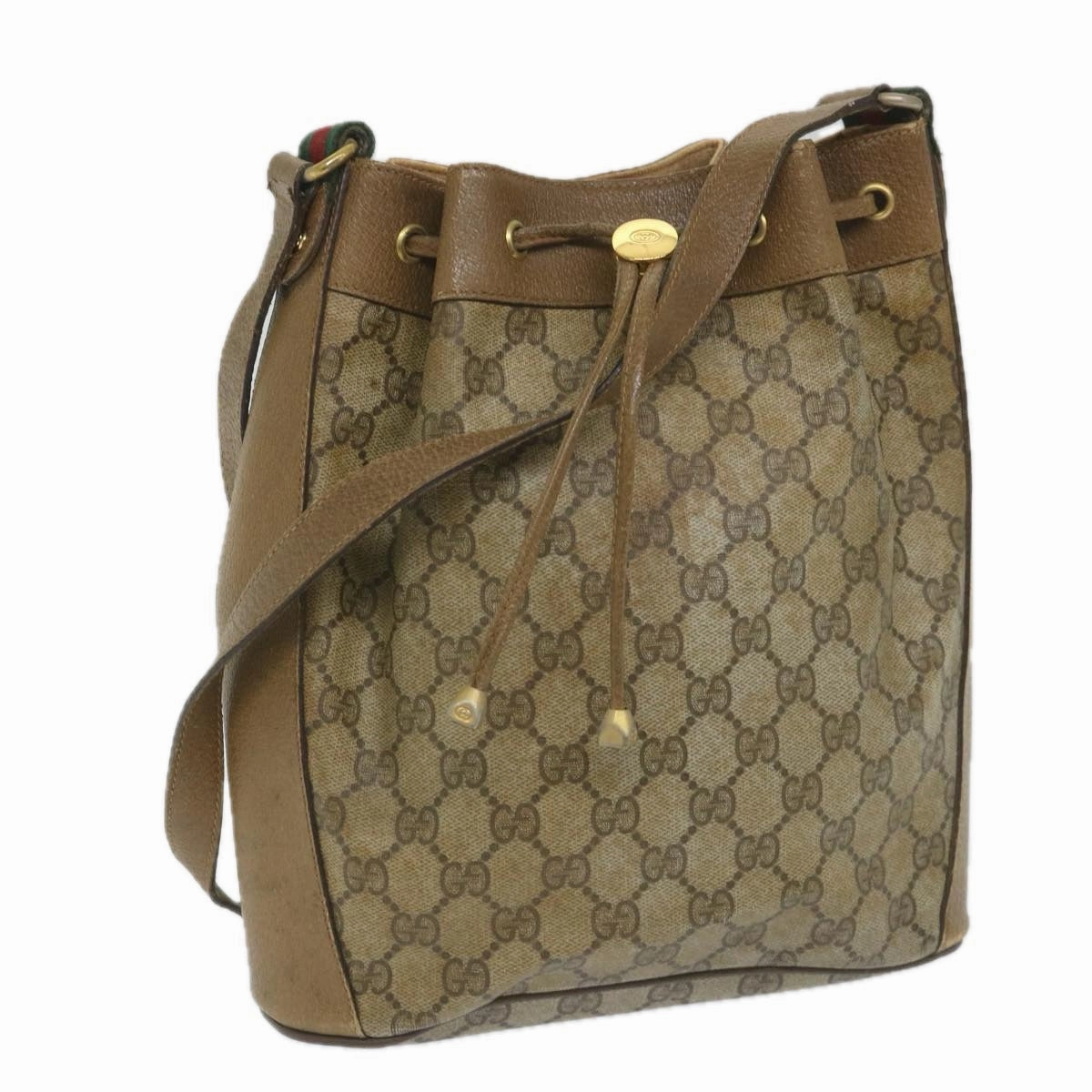 GUCCI GG Canvas Web Sherry Line Shoulder Bag PVC Leather Beige Green  56288