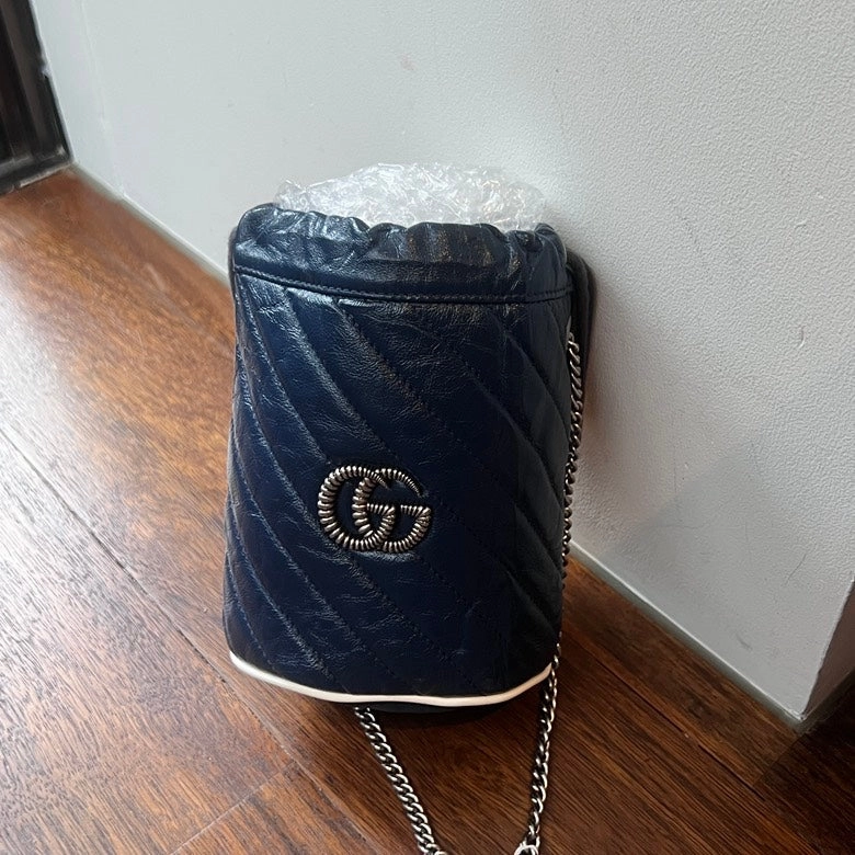 Gucci GG Marmont Drawstring Chain Shoulder Bag AG191, Navy Leather