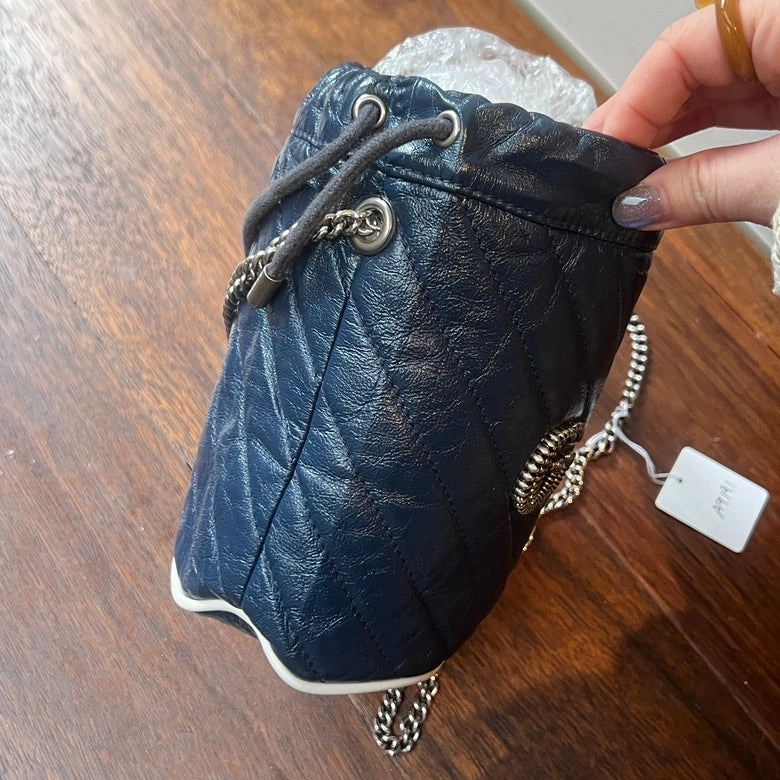 Gucci GG Marmont Drawstring Chain Shoulder Bag AG191, Navy Leather