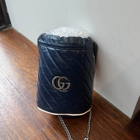 Gucci GG Marmont Drawstring Chain Shoulder Bag AG191, Navy Leather