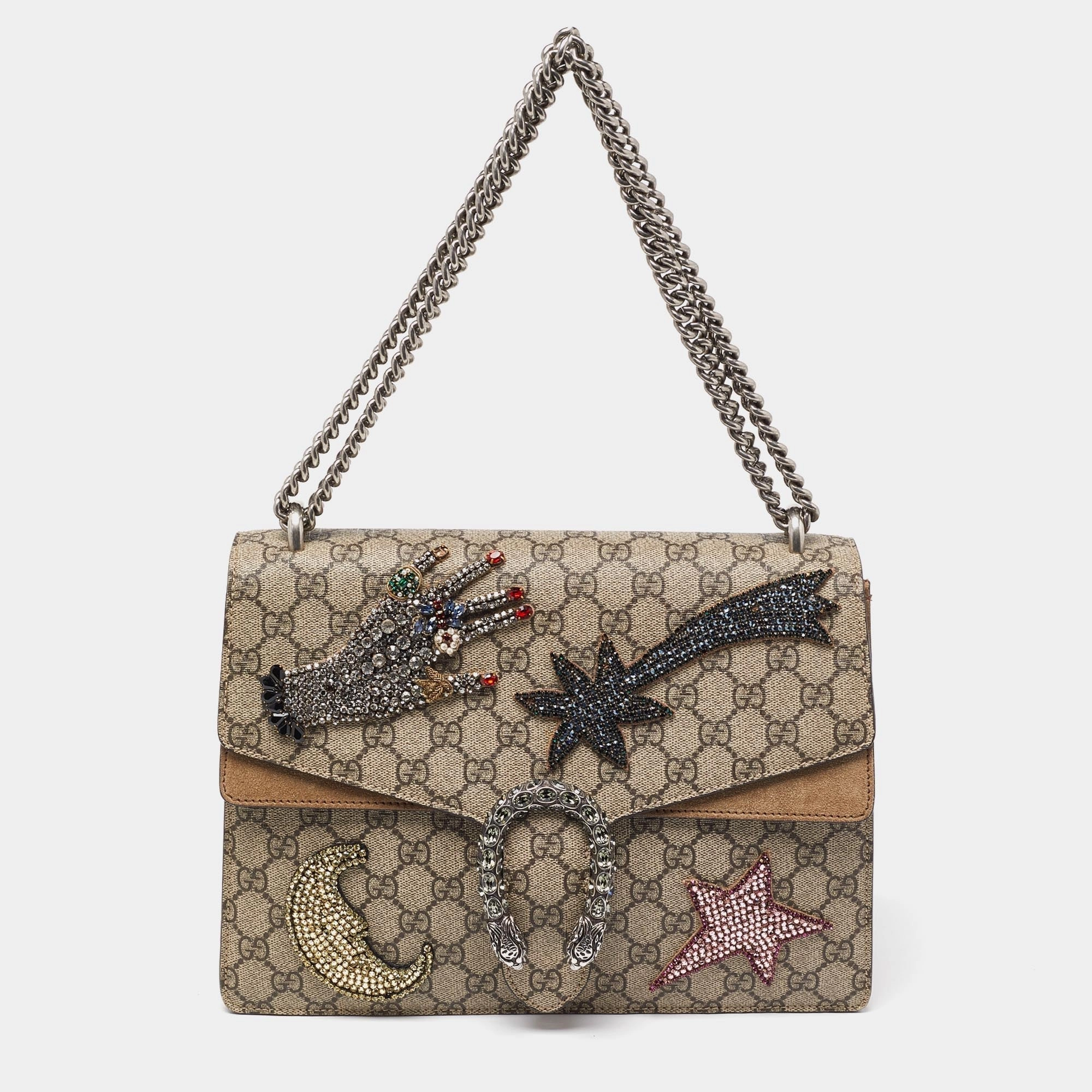 Gucci  Gg Supreme Canvas And Suede Medium Dionysus Embellished Shoulder Bag