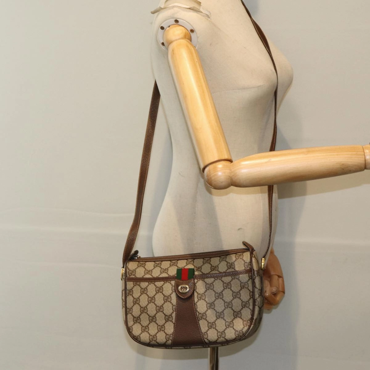 GUCCI GG Supreme Web Sherry Line Shoulder Bag PVC Beige 89 02 032  14049