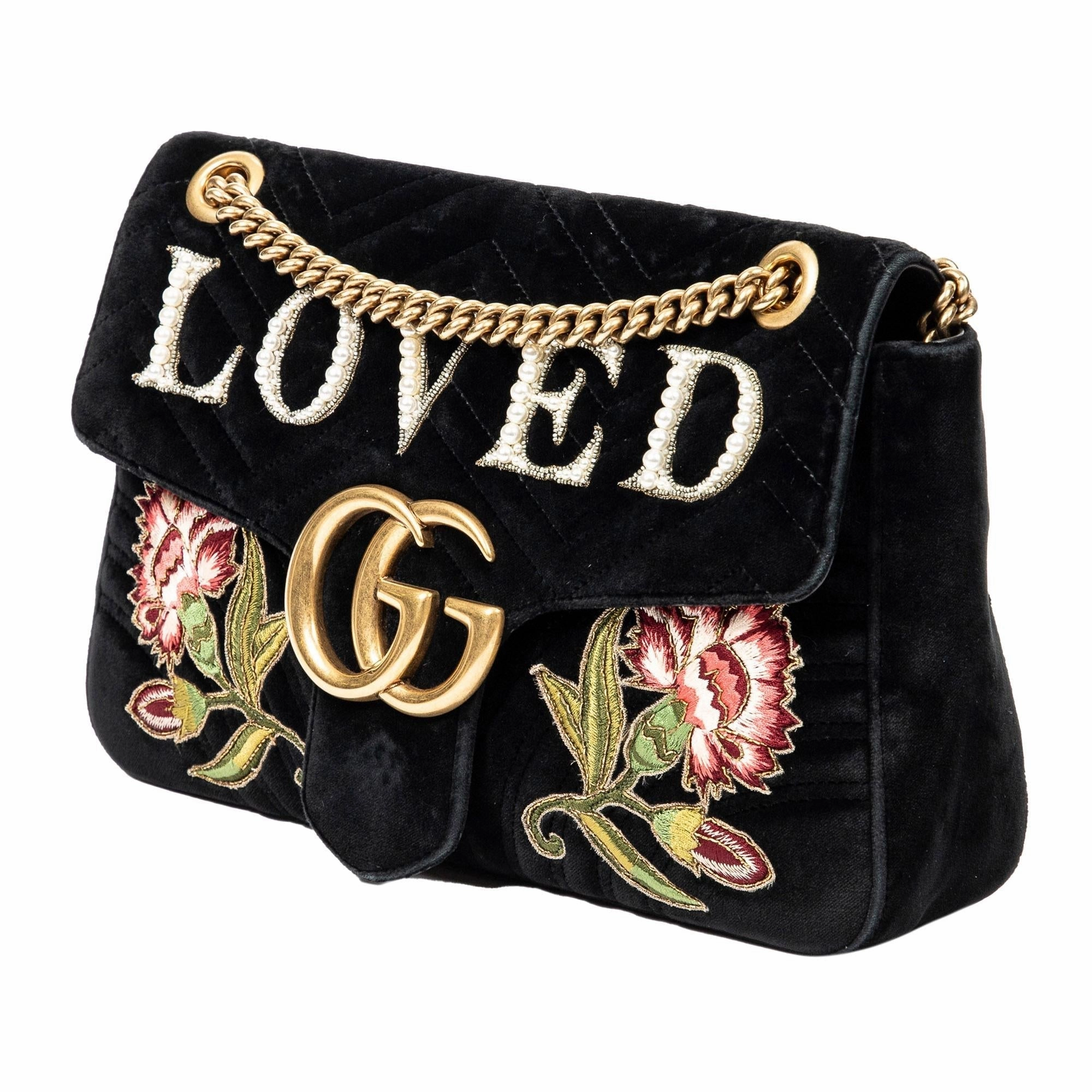 Gucci Medium GG Marmont Embroidered Matelasse Velvet Crossbody (SHG-0BOHzd)